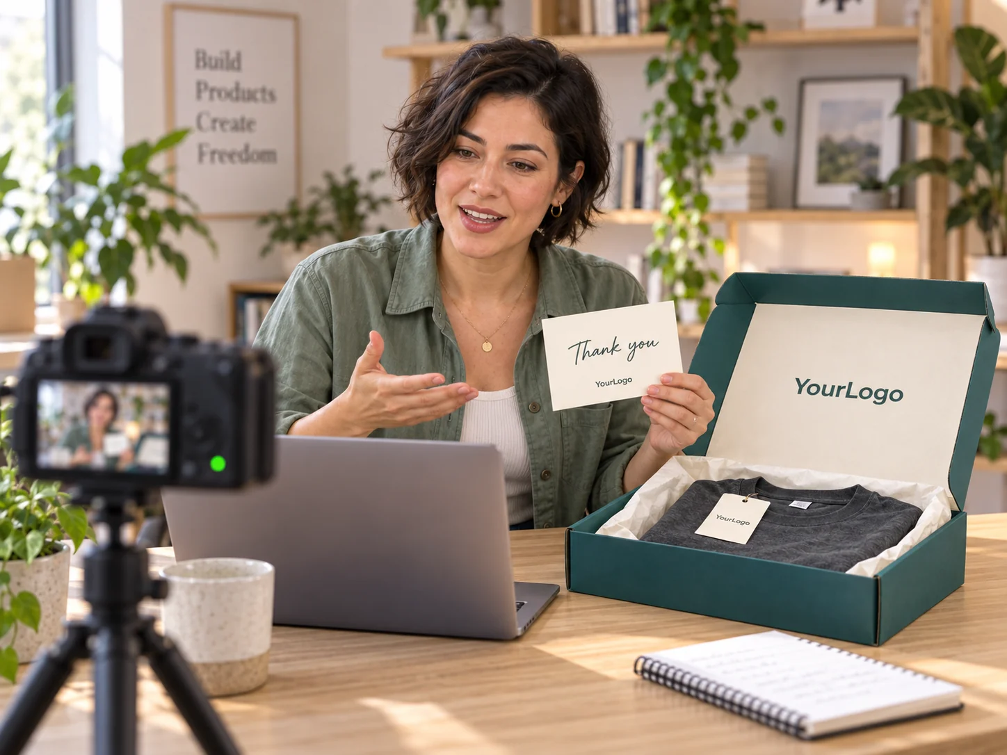 Ecommerce educator presenting a product and branded packaging